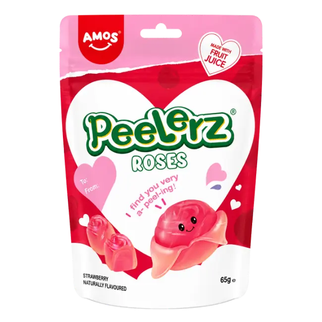 AMOS Peelerz Roses Strawberry 65g peelable gummy candy