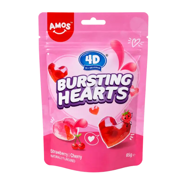 AMOS 4D Bursting Hearts Strawberry and Cherry 65g sweets