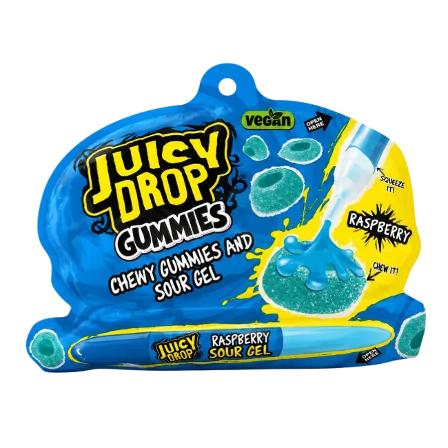 Juicy Drop Gummies Raspberry 57g with raspberry sour gel