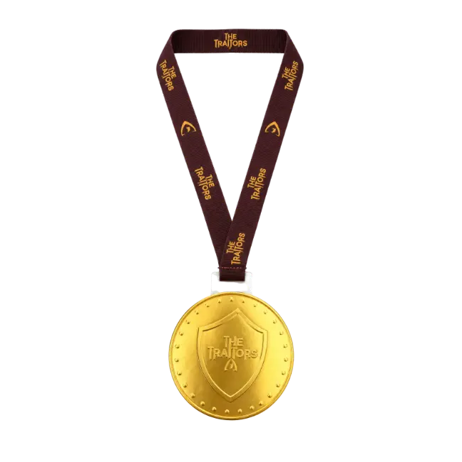 The Traitors Milk Chocolate Shield Medallion 26g with burgundy lanyard