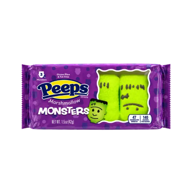 Peeps Marshmallow Monsters 42g pack with three green Halloween marshmallow monsters