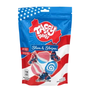 Taffy Town Stars & Stripes taffy 340g bag with red, white and blue salt water taffy