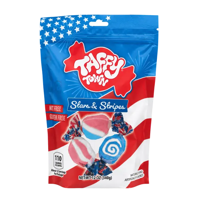 Taffy Town Stars & Stripes taffy 340g bag with red, white and blue salt water taffy