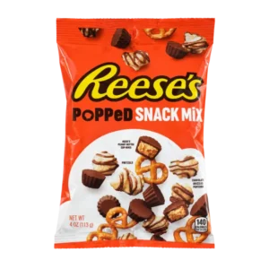 Reese’s Popped Snack Mix 113g bag with peanut butter cup minis, pretzels and chocolate drizzled popcorn