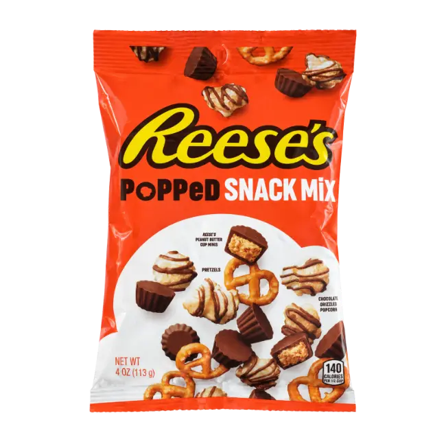 Reese’s Popped Snack Mix 113g bag with peanut butter cup minis, pretzels and chocolate drizzled popcorn