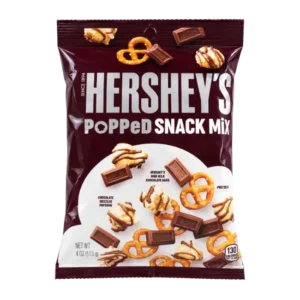 Hershey’s Popped Snack Mix 113g bag with chocolate drizzled popcorn, pretzels and Hershey’s mini milk chocolate bars