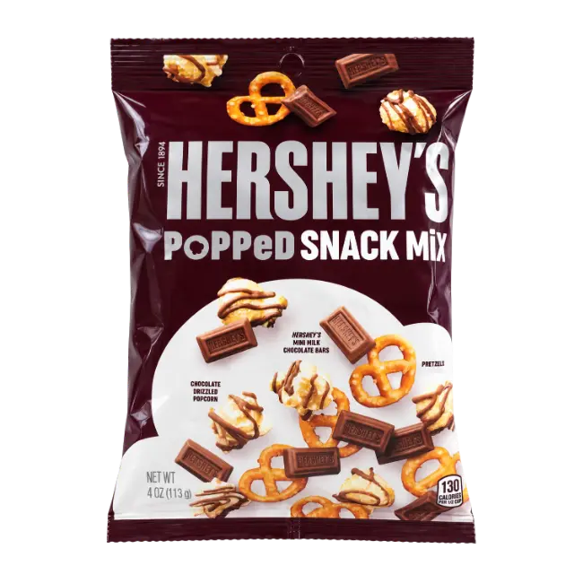 Hershey’s Popped Snack Mix 113g bag with chocolate drizzled popcorn, pretzels and Hershey’s mini milk chocolate bars