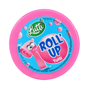 Lutti Roll’ Up Tutti Frutti Bubble Gum 29g in pink roll container