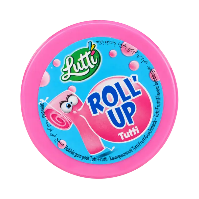 Lutti Roll’ Up Tutti Frutti Bubble Gum 29g in pink roll container