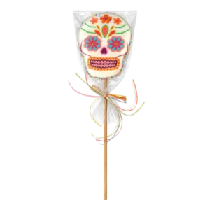 XL Skull Marshmallow Lollipop 27g with colourful sugar skull design