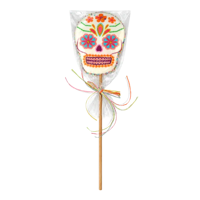 XL Skull Marshmallow Lollipop 27g with colourful sugar skull design