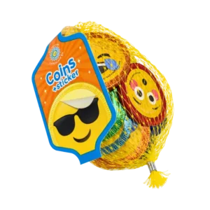 Milk Chocolate Emoji Coins + Sticker 45g in yellow net bag