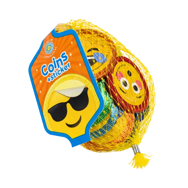 Milk Chocolate Emoji Coins + Sticker 45g in yellow net bag