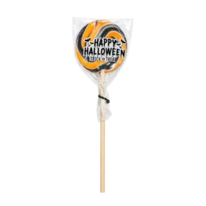 Halloween Hurricane Lollipop Orange Flavour 18g with black and orange swirl and Happy Halloween design