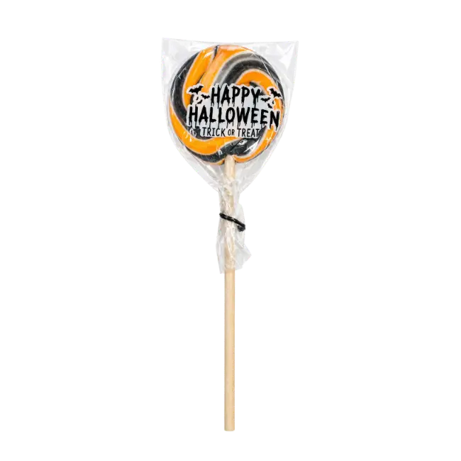 Halloween Hurricane Lollipop Orange Flavour 18g with black and orange swirl and Happy Halloween design
