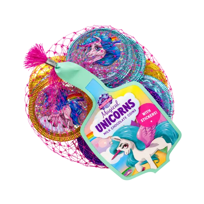 Steenland Magical Unicorns Milk Chocolate Coins with Stickers 45g in colourful net bag
