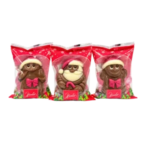 Hamlet Christmas Chocolate Figures 50g featuring three festive milk chocolate designs in red Christmas packaging.