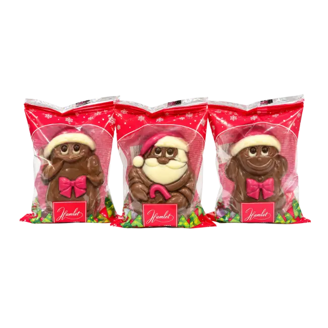Hamlet Christmas Chocolate Figures 50g featuring three festive milk chocolate designs in red Christmas packaging.