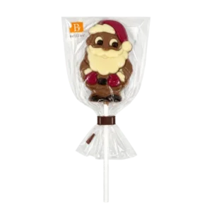 Belfine Santa Chocolate Lollipop 25g featuring a milk chocolate Father Christmas with a red hat, white beard and red mittens, individually wrapped.