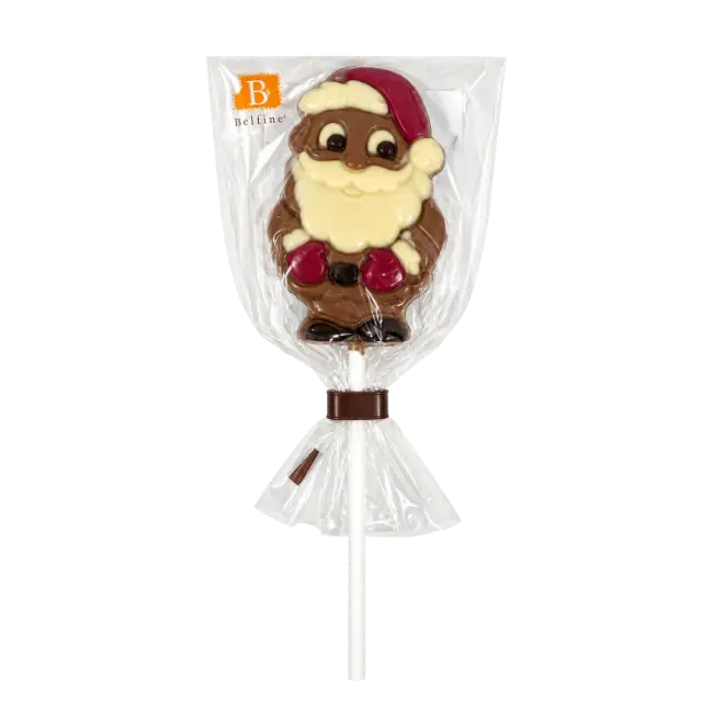 Belfine Santa Chocolate Lollipop 25g featuring a milk chocolate Father Christmas with a red hat, white beard and red mittens, individually wrapped.