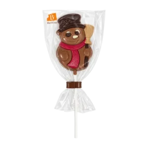 Belfine Snowman Chocolate Lollipop 25g featuring a milk chocolate snowman with a black hat, red scarf and broom, individually wrapped.