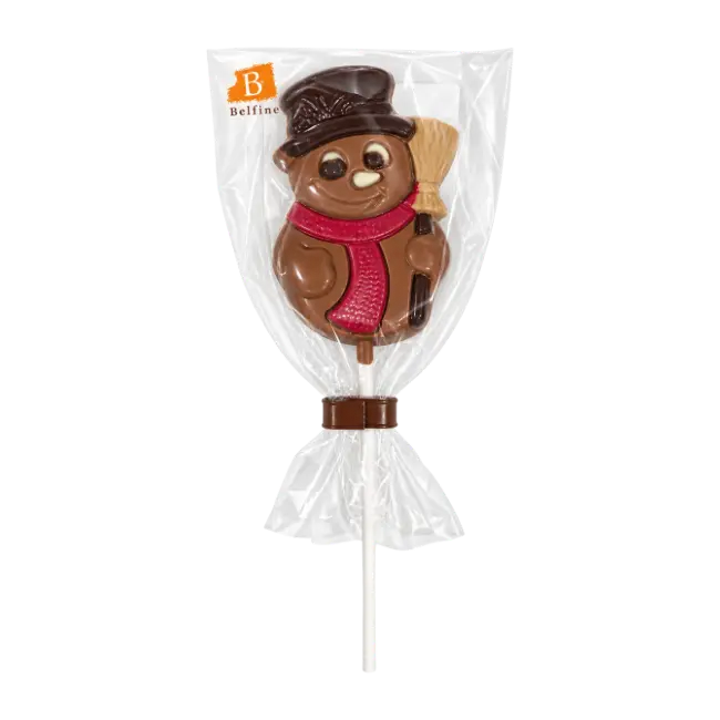 Belfine Snowman Chocolate Lollipop 25g featuring a milk chocolate snowman with a black hat, red scarf and broom, individually wrapped.