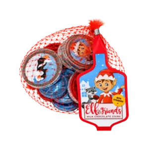 Elf & Friends Milk Chocolate Coins 50g in a festive red mesh bag with an illustrated elf and raccoon gift tag.