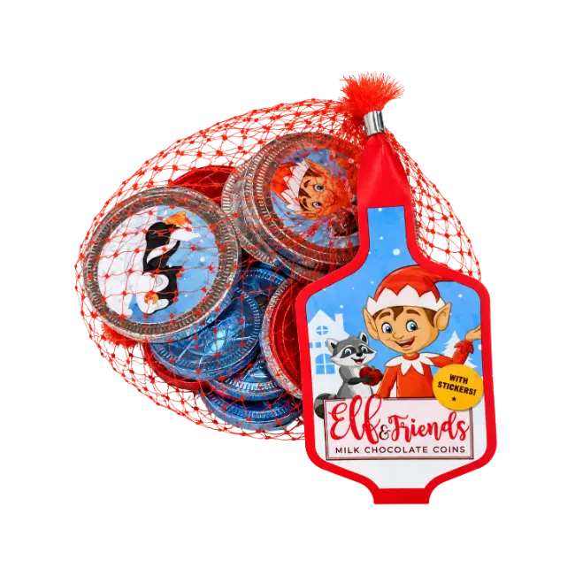 Elf & Friends Milk Chocolate Coins 50g in a festive red mesh bag with an illustrated elf and raccoon gift tag.