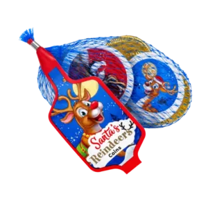 Santa’s Reindeers Chocolate Coins 45g in a blue mesh bag with festive reindeer packaging and foil-wrapped milk chocolate coins.