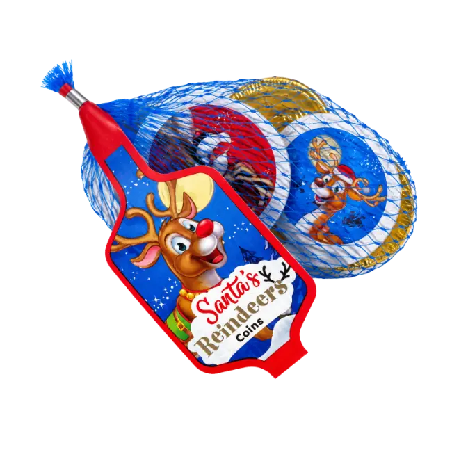 Santa’s Reindeers Chocolate Coins 45g in a blue mesh bag with festive reindeer packaging and foil-wrapped milk chocolate coins.