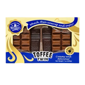 Walkers Toffee Twin 200g box with a blue and cream design, a clear window showing the toffee pieces and a central breaking hammer.