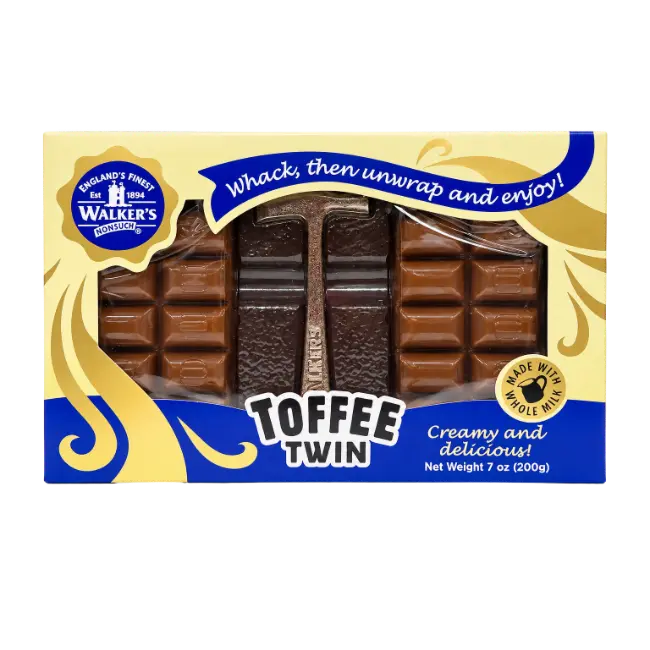 Walkers Toffee Twin 200g box with a blue and cream design, a clear window showing the toffee pieces and a central breaking hammer.