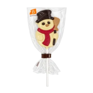 Belfine White Chocolate Snowman Lollipop 25g featuring a smiling snowman with a dark chocolate hat, red scarf and broom, individually wrapped.