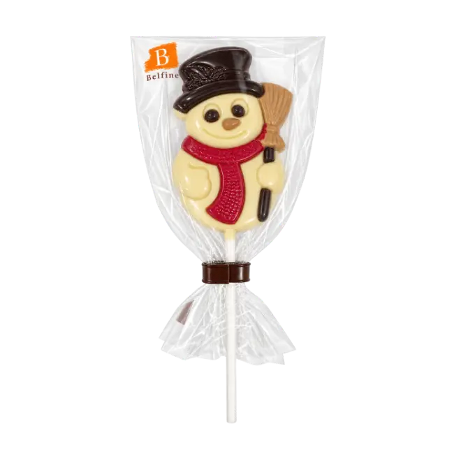 Belfine White Chocolate Snowman Lollipop 25g featuring a smiling snowman with a dark chocolate hat, red scarf and broom, individually wrapped.