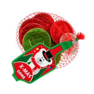 Christmas Chocolate Coins in a red net bag with red, green and silver foil wrappers and a festive X-MAS COINS polar bear tag.