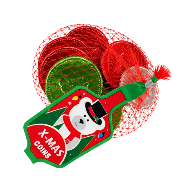 Christmas Chocolate Coins in a red net bag with red, green and silver foil wrappers and a festive X-MAS COINS polar bear tag.